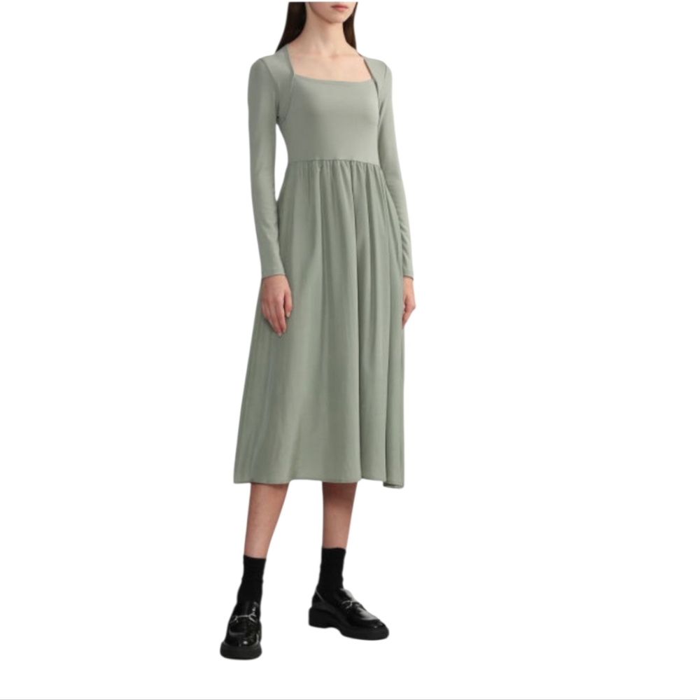 Tout a Coup Long-Sleeve Flare Midi Dress, Soft Army Green Size M